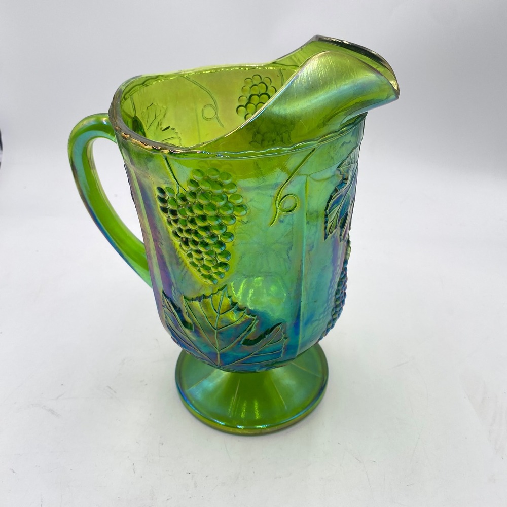 Indiana Glass Harvest Grape Pitcher Lime Green Iridescent Carnival Glass Vintage